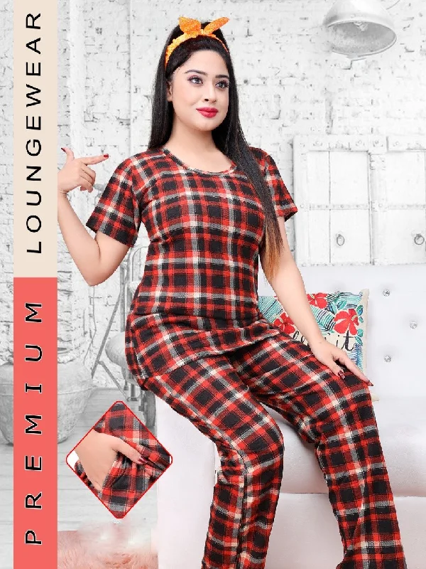 Checked Night suit for ladies with long Top and Pockets