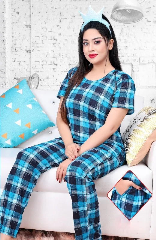 Blue Checked Night suit for ladies with long Top and Pockets