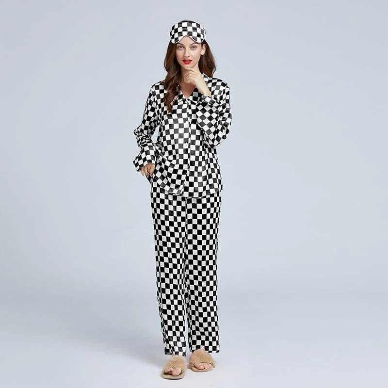 Classic Checkerboard Silk Pajama Set for Women