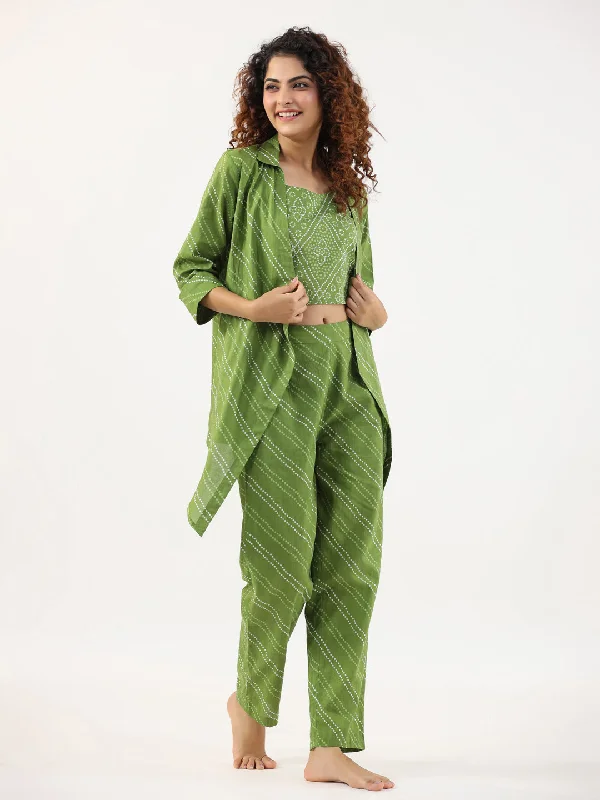 AVOCADO GREEN Bhandej Cotton 3 peice Co-ord set