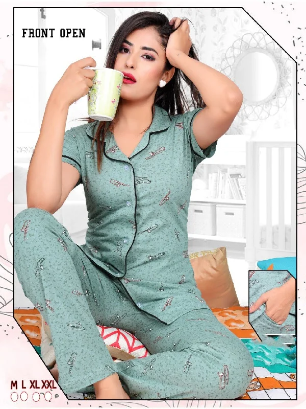 Cotton Pista Green Printed Collar Top Pyjama Sets Night Wear