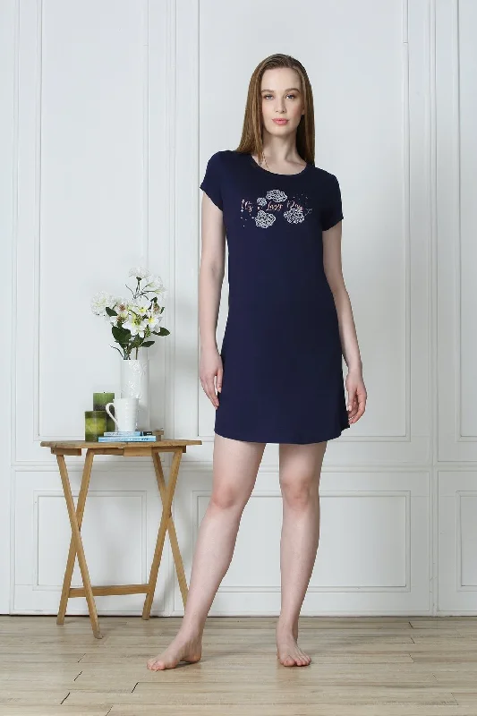 Dark blue Cotton long t-shirt Night Dress for Women