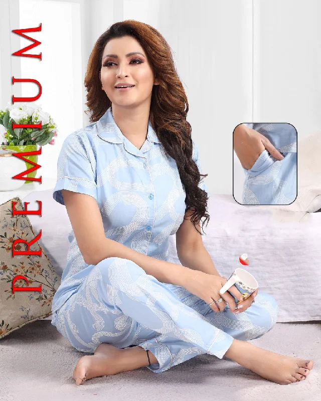 Ladies Cotton Printed Blue Collar Top Pyjama Sets Nightwear