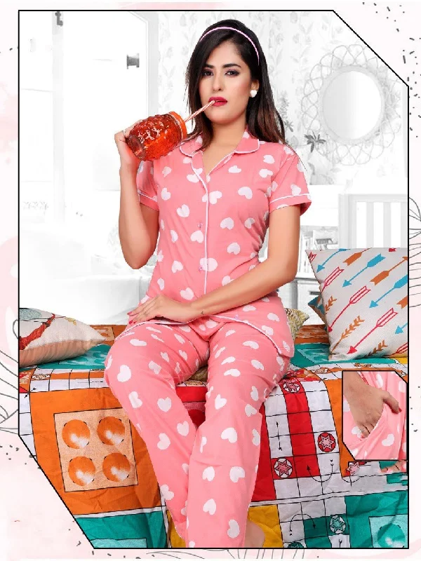 Women Cotton Printed Pink Collar Top Pyjama Sets Night Suit