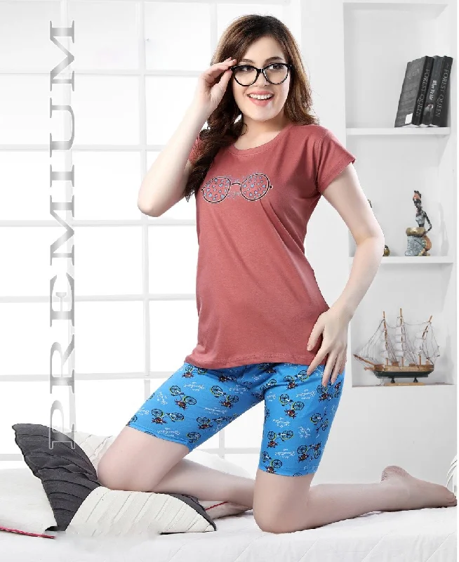 Printed Top and Blue Shorts Nightwear Set for ladies