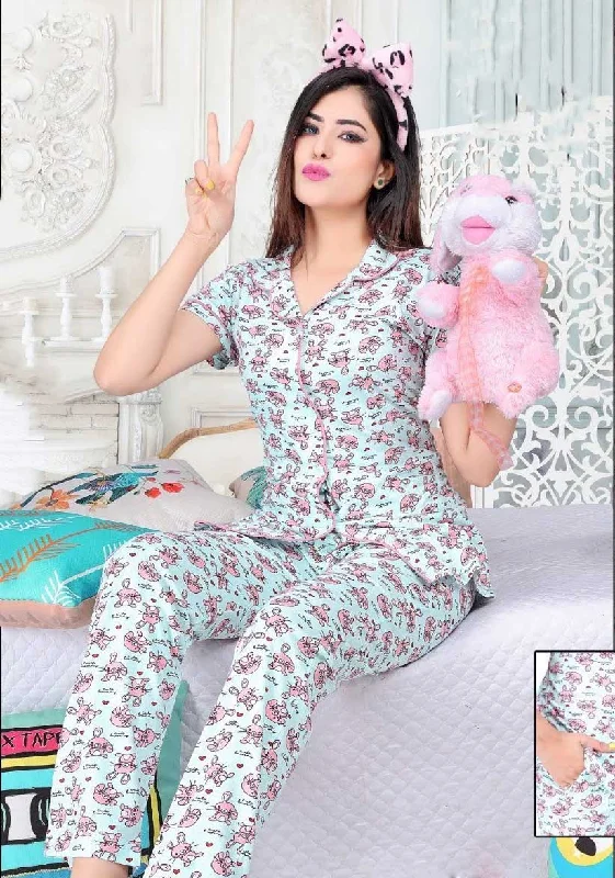 Printed Pajamas Set Grey Night Suit foe Ladies