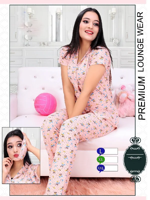 Printed Girls Pink Cotton Night Suit Pajamas Set