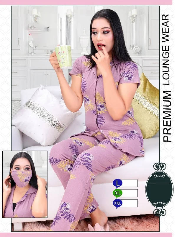 Printed Girls Purple Cotton Night Suit Top and Pajamas Set