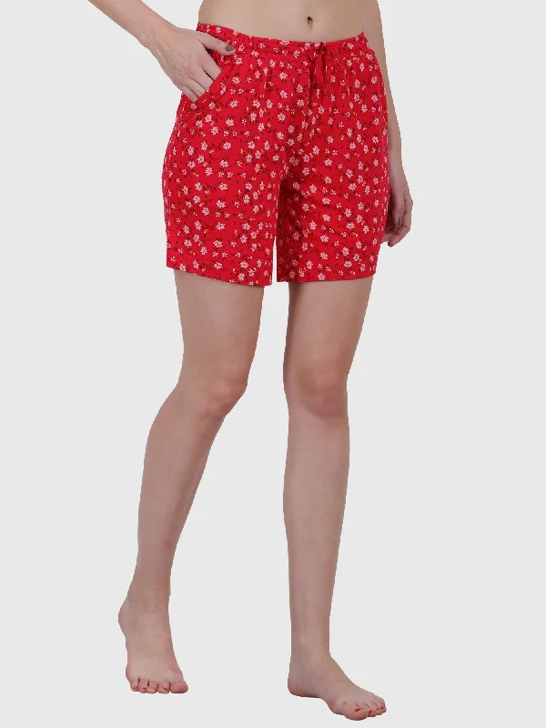 Women's Printed Cotton Night Sleep Shorts Red