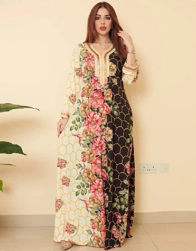 Beading Floral Print Long Arabic Dress