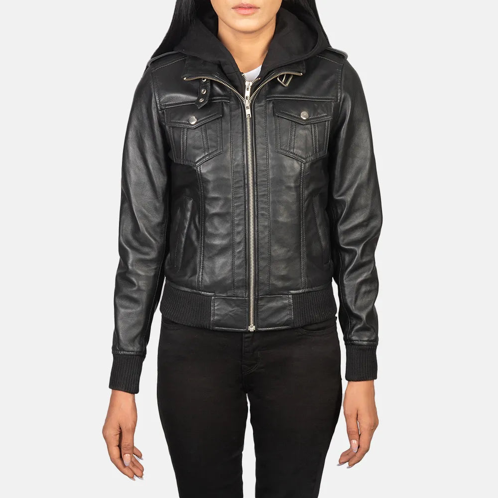 Black Leather Jacket Coat with Removable Fabric Hood