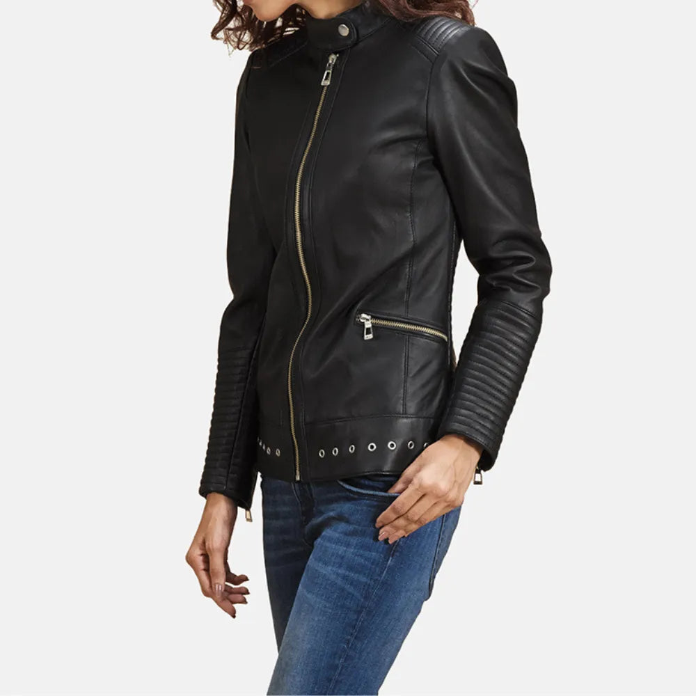 Black Leather Jacket Women - Quilted viscose lining