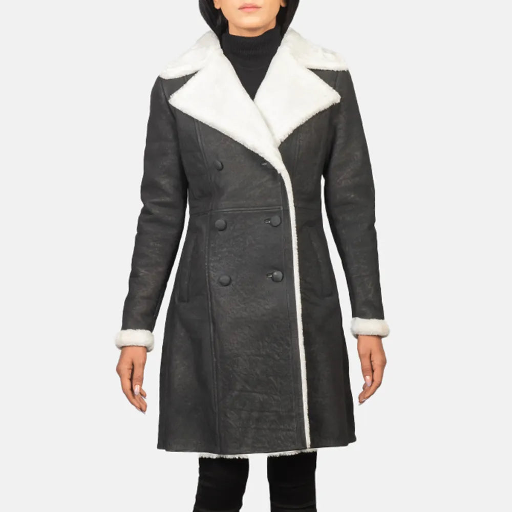 Black Trench Coat in Double Breasted Shearling