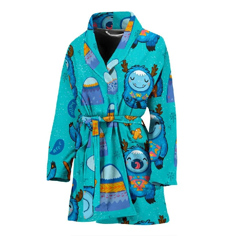 Blue Bigfoot Pattern Print Women Long Robe