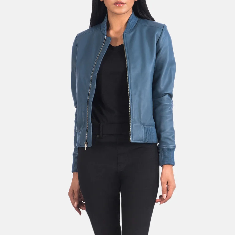 Blue Bomber Jacket Women in Sheepskin Leather