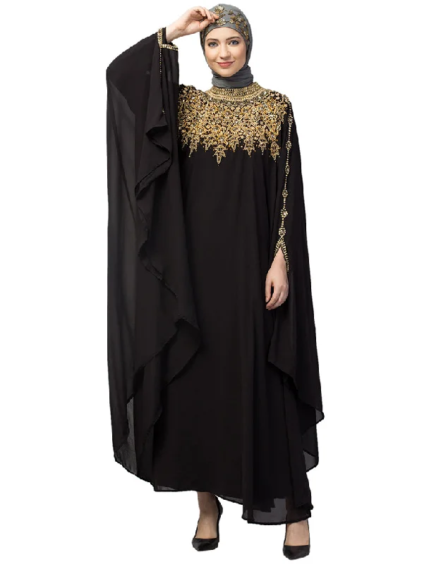 Trendy Double Layers Hand Copper Embroidered Kaftan In the Shade of  Black