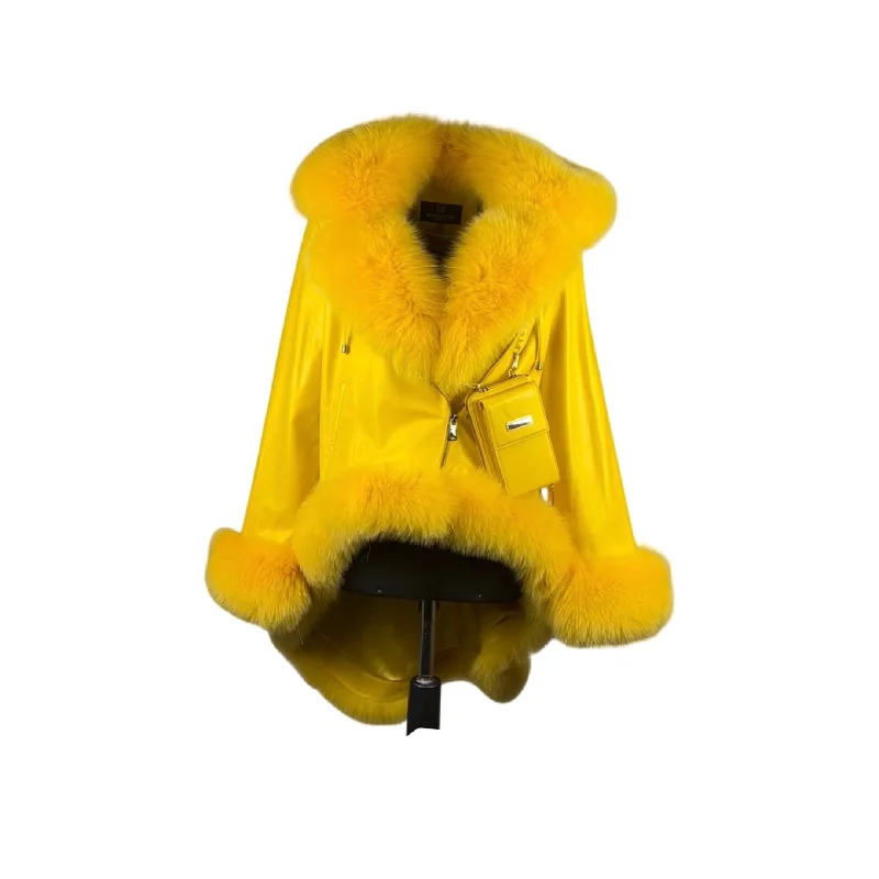 Fox Fur Trimmed  YELLOW Women's High & Low Leather Coat  Style# 1002