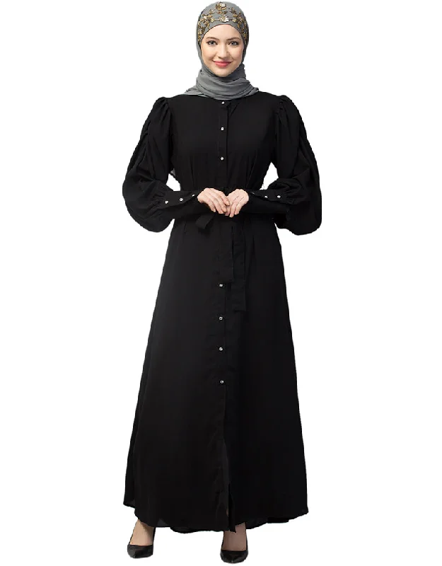 Islamic Front Open long Cuff Gathered Puffed Sleeve Casual Abaya in the Shade Of Black