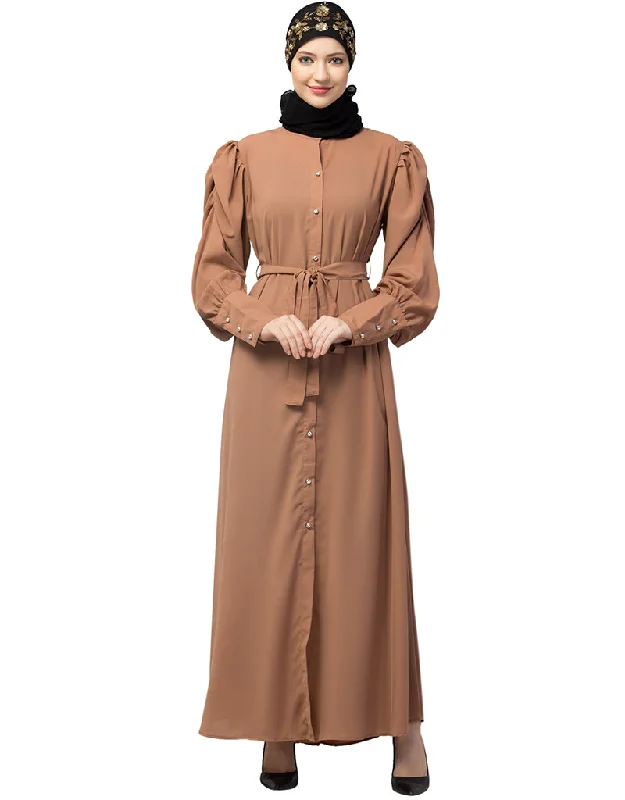 Women Front Open long Cuff Gathered Puffed Sleeve Casual Abaya in the Shade Of Skin