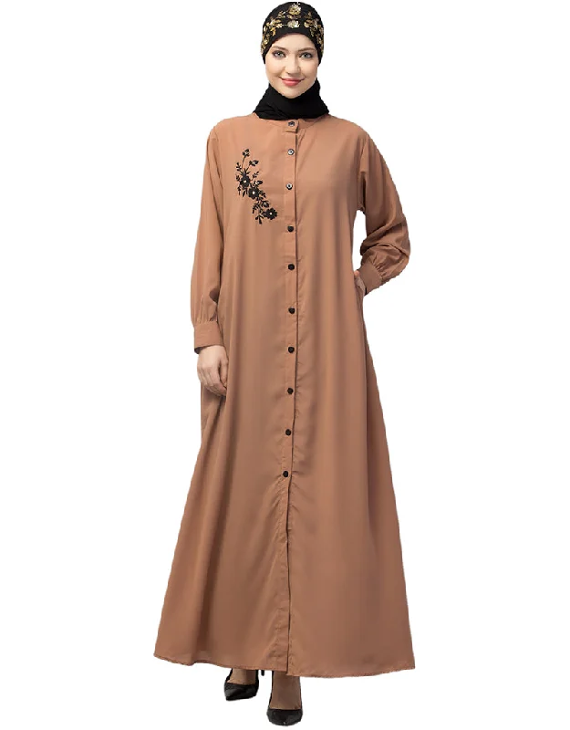 Arabic  Front Open with Black Embroidery Casual Abaya In The Color  Skin