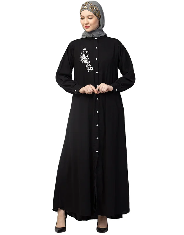 Modest Front Open with Silver Embroidery Casual Abaya In The Color  Black