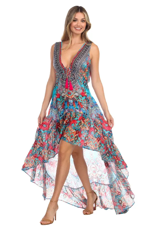 Ikat Blossom Bright & Bold Pattern Trendy Designer Hi-Lo Dress