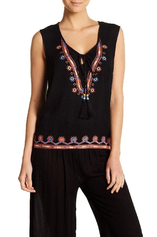 La Moda Women's Sleeveless Embroidered Lounge Black Top with Tassels |  Lace Up Top