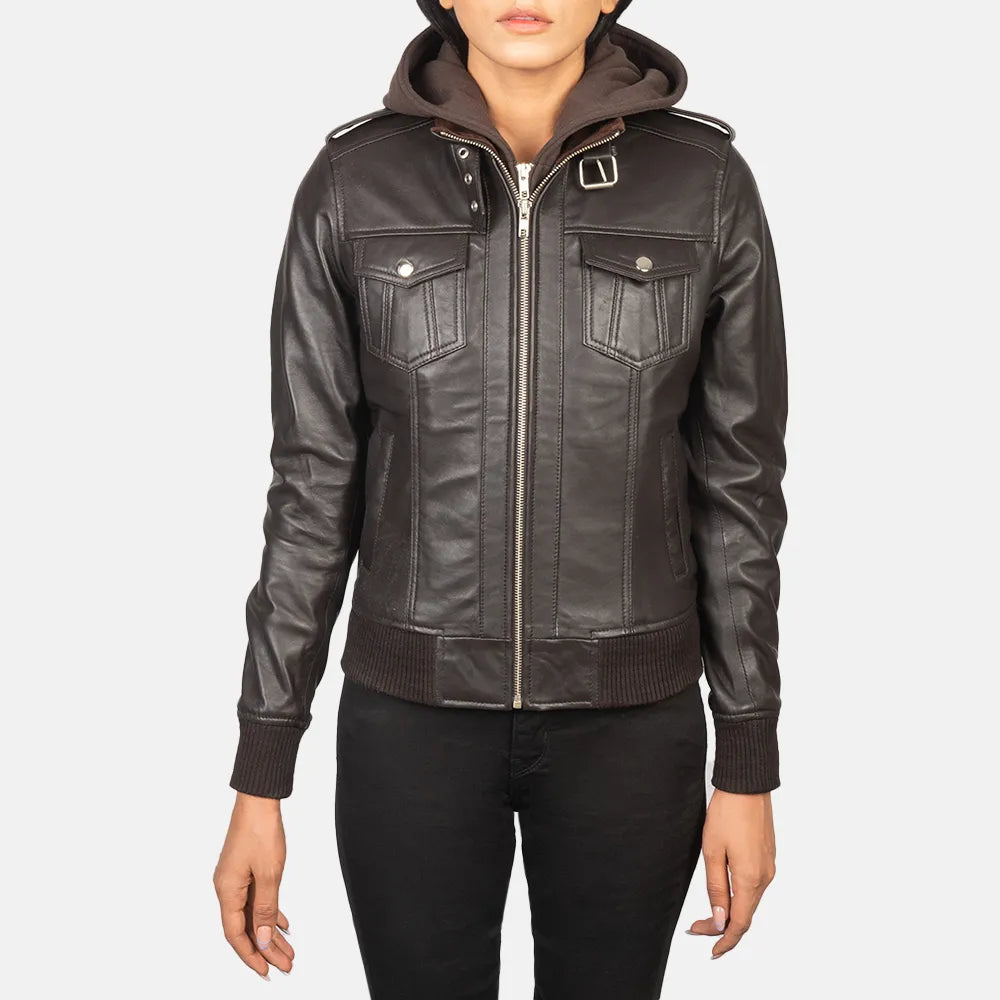 Leather Bomber Jacket Brown with Removable Fabric Hood