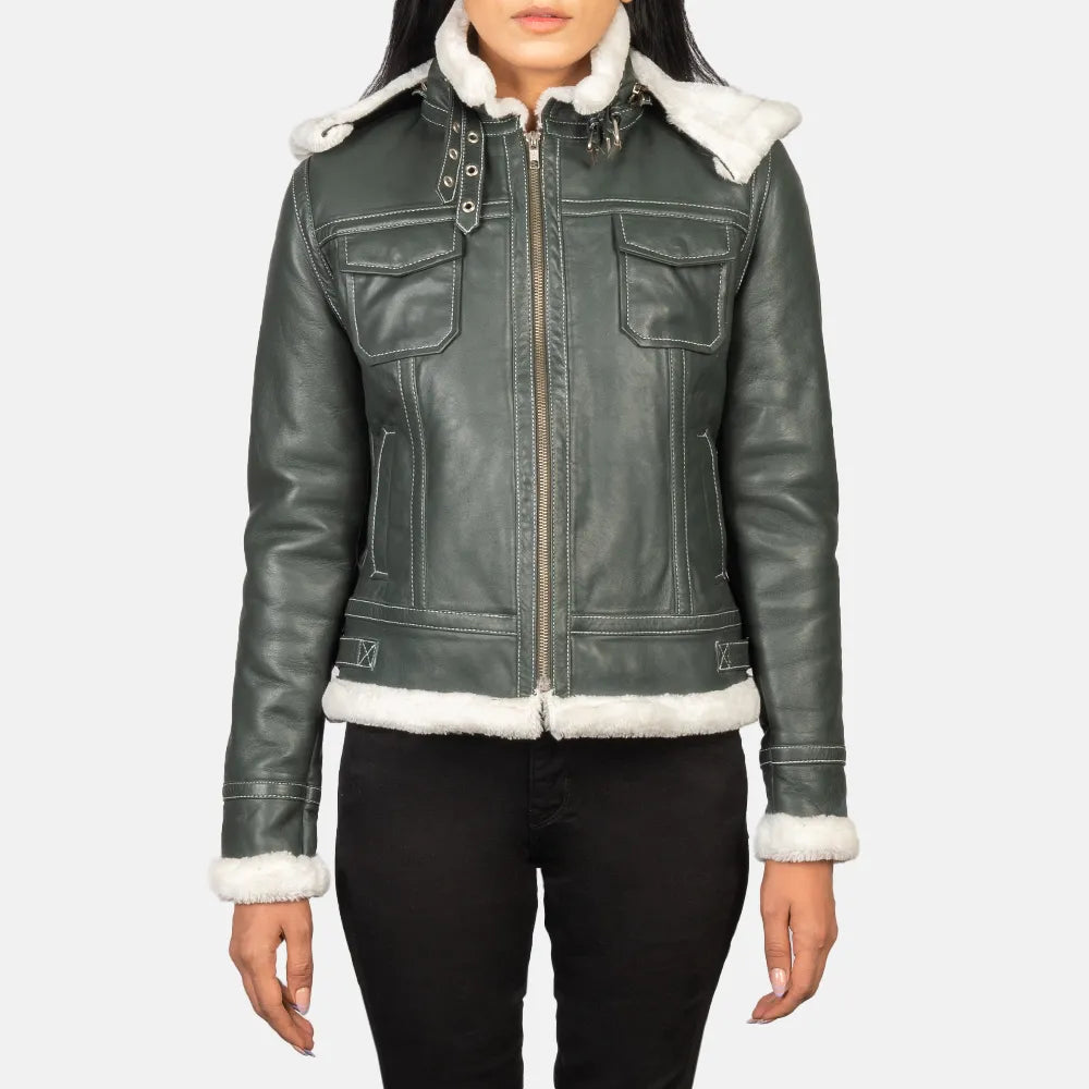 Women's Leather Jacket Dark Green with Hooded Shearling Leather