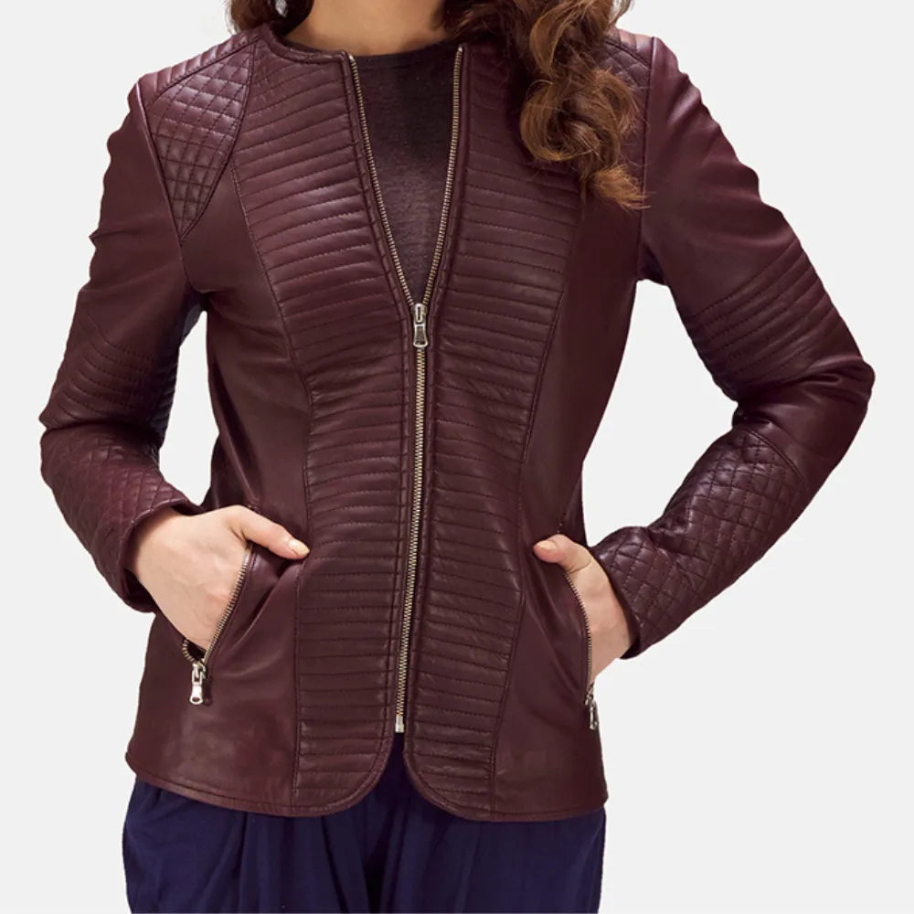 Leather Jacket Maroon - Quilted viscose lining