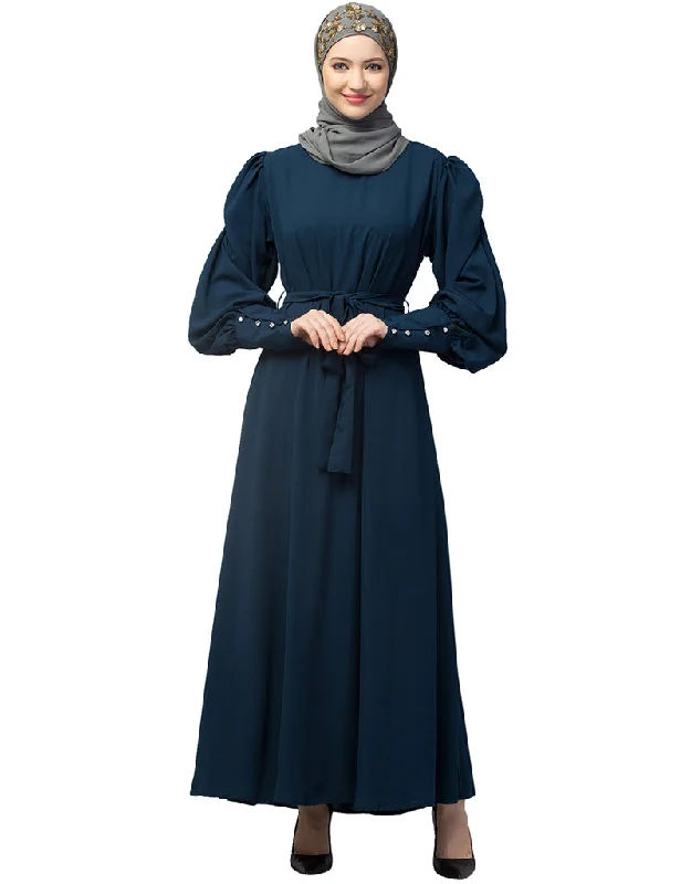 Dubai Long Cuff Gathered Puffed Sleeve Abaya In The Color  Teal