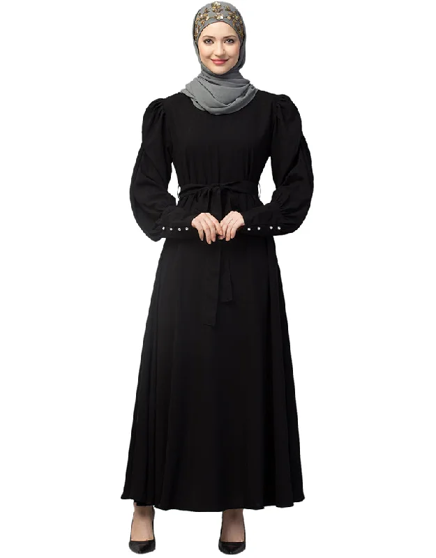 Modern Long Cuff Gathered Puffed Sleeve Abaya in the Shade Of  Black