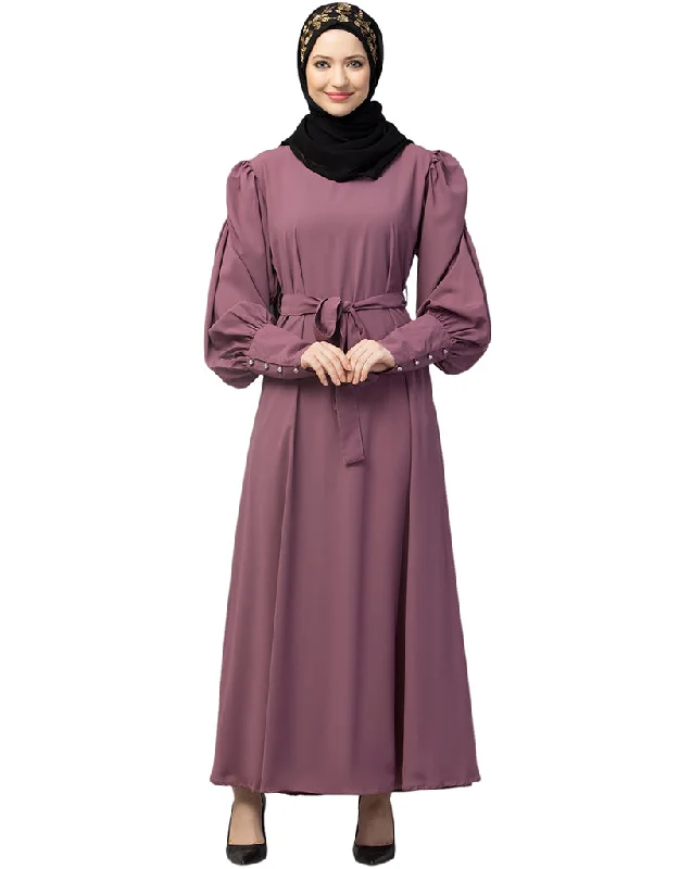 Muslimah Long Cuff Gathered Puffed Sleeve Purple Color Abaya Purple