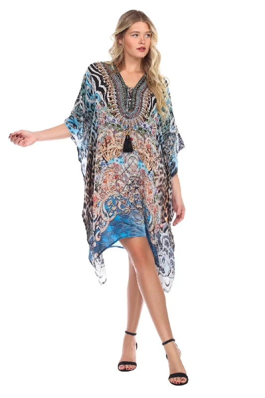 Luxury Silk Caftan Dress/Cover Up with V-Neck Cross Lace