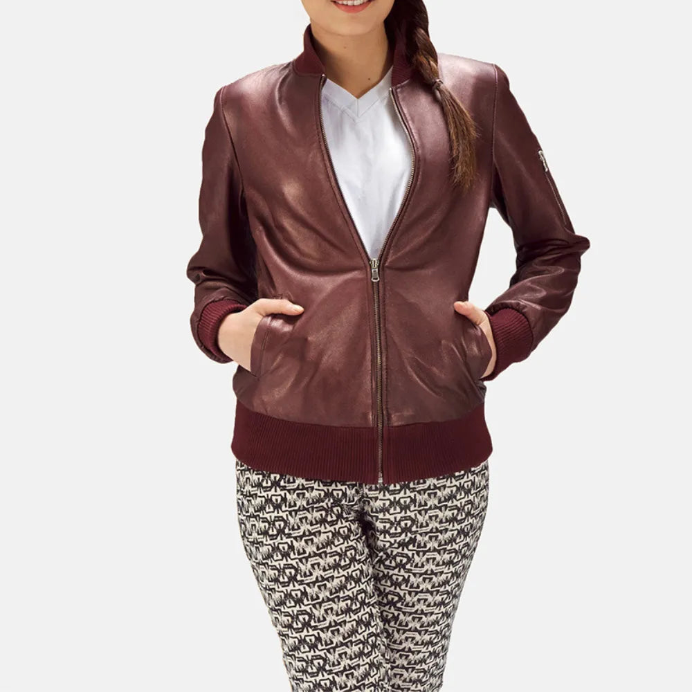 Bomber Maroon Leather Jacket Ladies in Varsity Style