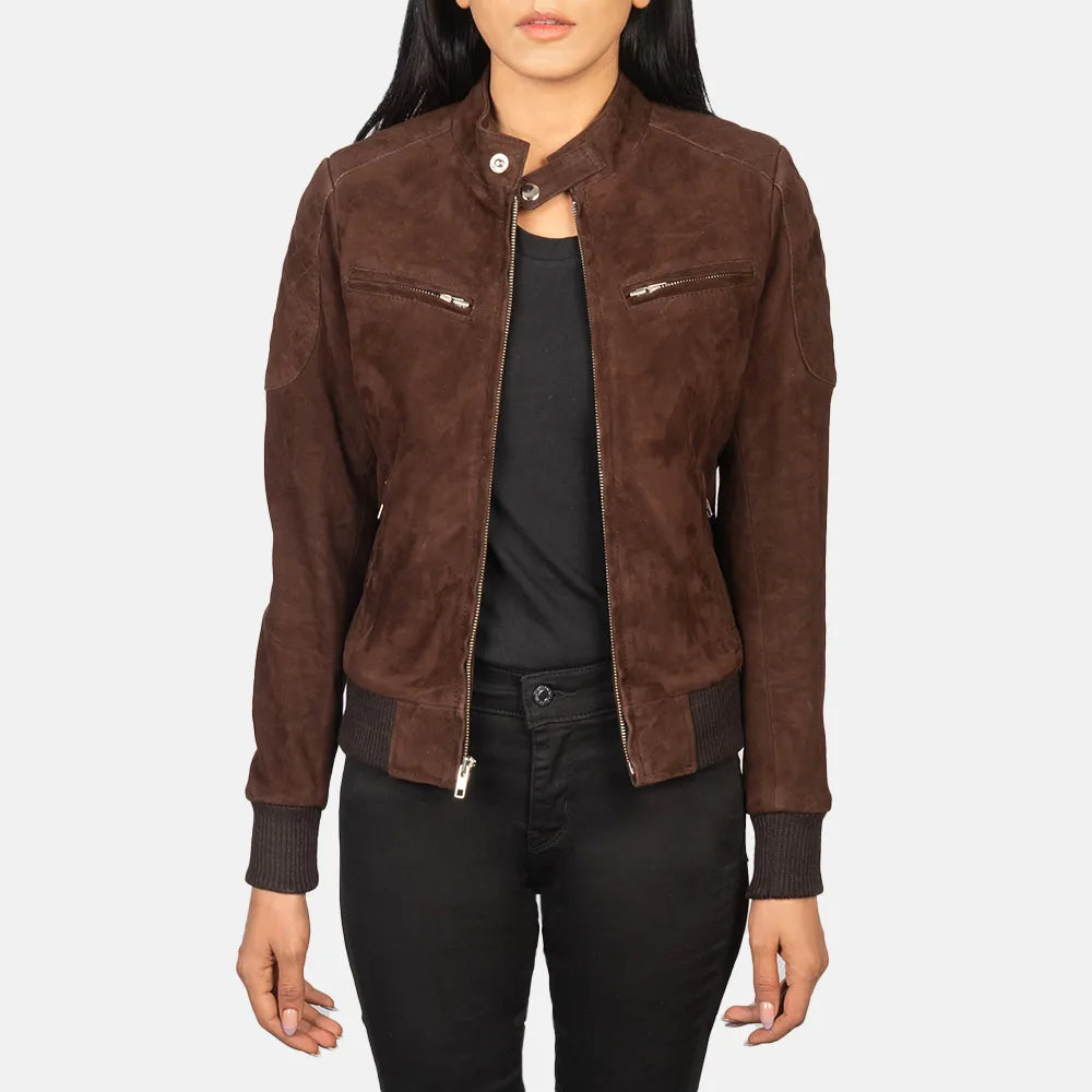 Bomber Suede Jacket For Women in Brown