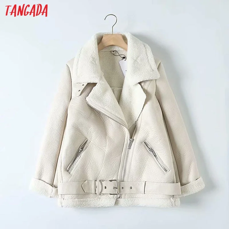 Tangada Women beige fur faux leather jacket coat with belt turn down collar Ladies 2019 Winter Thick Warm Oversized Coat 5B01