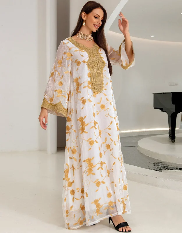 White Gold Floral Embroidery Women Dress