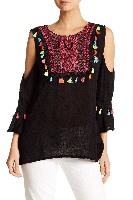 Women's Boho Tops | Black Embroidered Cold Shoulder Top with Colorful Tassels