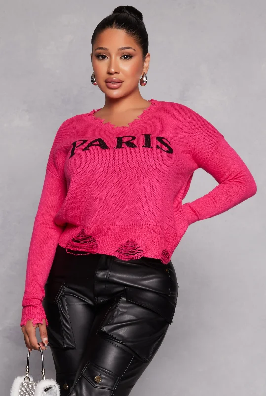 Paris Graphic Distressed Pullover Sweater