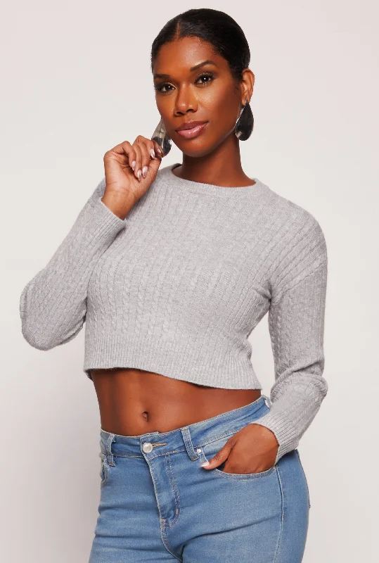 Cable Knit Crew Neck Cropped Sweater