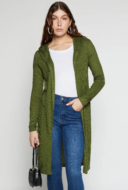 Rib Knit Hooded Long Cardigan