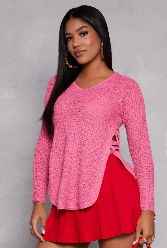 Waffle Knit V Neck Caged Side Sweater