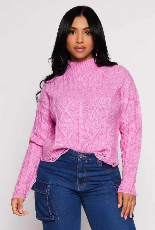 Wool Cable Knit Distressed Cropped Sweater