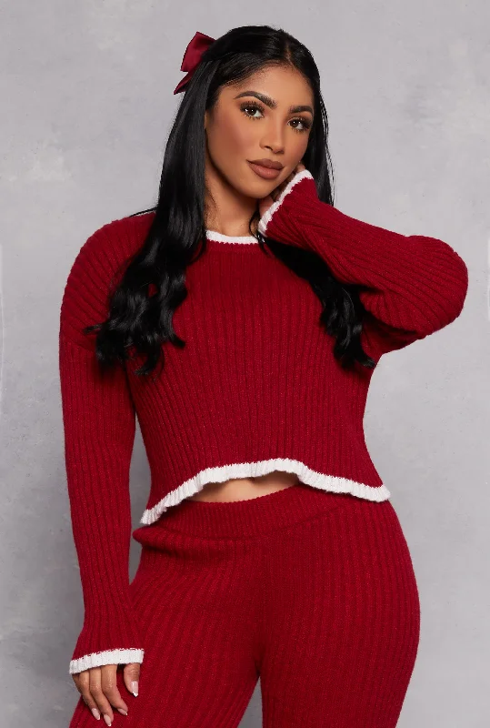 Ribbed Contrast Trim Long Sleeve Sweater