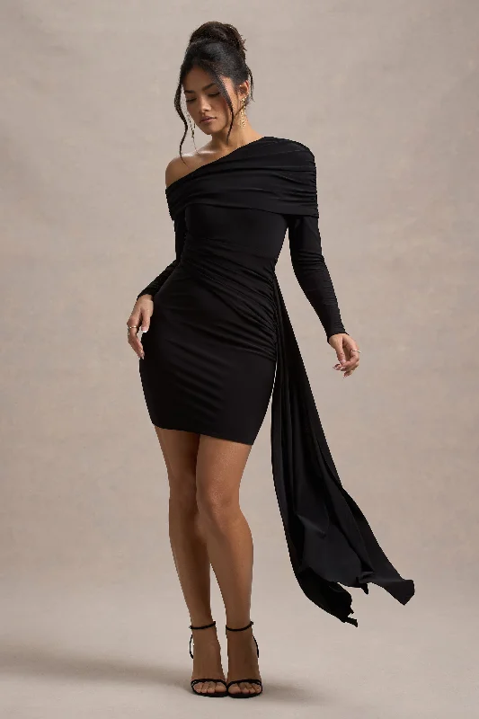 Savita | Black Ruched Asymmetric Mini Dress With Drape