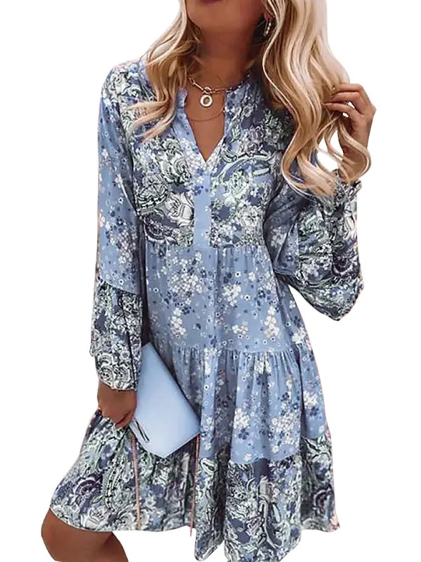 Blue Zone Planet |  V-neck floral mosaic printed skirt cropped sleeve layered mini dress