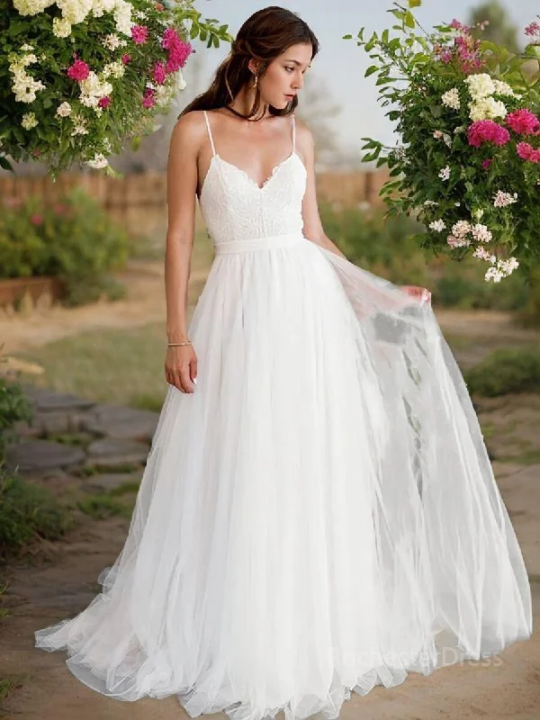 A-Line/Princess V-neck Sweep Train Tulle Wedding Dresses