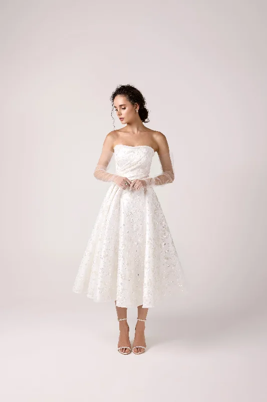 Chic Strapless Tea-Length A-Line Wedding Dress with Floral Embellishments