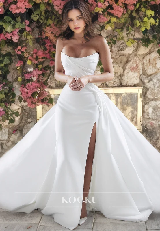 Strapless Sheath Sleeveless High Split Pleated Satin Wedding Dress with Overskirt Bridal Gowns